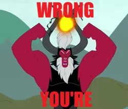 Size: 426x361 | Tagged: safe, derpibooru import, edit, edited screencap, screencap, lord tirek, g4, caption, forum weapon, grammar error, image, image macro, impact font, lowres, misspelling, png, solo, text