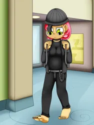 Size: 3000x4000 | Tagged: safe, artist:pvryohei, derpibooru import, babs seed, human, g4, backpack, barefoot, barefooting, beanie, belt, canterlot high, clothes, collar, commission, ear piercing, earring, emo, eyeliner, feet, hat, humanized, image, indoors, jacket, jewelry, looking down, makeup, nose piercing, older, piercing, png, school, teenager, walking