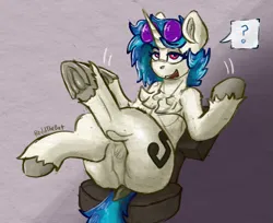 Size: 1325x1081 | Tagged: safe, artist:reddthebat, derpibooru import, vinyl scratch, pony, unicorn, g4, butt, chair, chest fluff, dock, female, frog (hoof), horn, image, lidded eyes, mare, open mouth, open smile, plot, png, pubic fluff, question mark, sitting, smiling, solo, speech bubble, sunglasses, sunglasses on head, tail, underhoof, unshorn fetlocks, vinyl ass