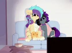 Size: 2811x2067 | Tagged: safe, artist:little-sketches, ponerpics import, oc, unofficial characters only, earth pony, pony, sphinx, amputee, blanket, bowl, bracelet, braid, butt fluff, cheek fluff, chest fluff, chips, choker, coffee table, couch, duo, duo female, ear fluff, earth pony oc, eye clipping through hair, eyebrows visible through hair, female, floppy ears, food, freckles, hair over one eye, image, jewelry, jpeg, leaning, leaning on someone, leg fluff, leg wraps, mare, necklace, prosthetic leg, prosthetic limb, prosthetics, sitting, smiling, sphinx oc, television, two toned mane, two toned tail, watching tv