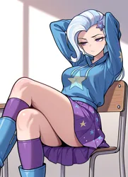 Size: 1664x2304 | Tagged: safe, machine learning generated, prompter:gnorc, trixie, human, g4, arm behind head, butt, chair, clothes, equestria girls outfit, female, hoodie, humanized, image, legs, png, sitting, socks, solo, unamused