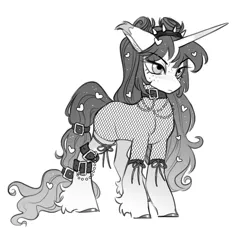 Size: 2790x2639 | Tagged: safe, artist:opalacorn, derpibooru import, oc, unofficial characters only, pony, unicorn, belt, black and white, collar, colored eartips, ear tufts, fetlock tuft, fishnet clothing, floppy ears, freckles, gradient legs, grayscale, hair accessory, horn, image, jpeg, long hair, monochrome, simple background, solo, spiked hairband, white background