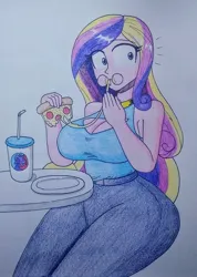 Size: 720x1014 | Tagged: safe, artist:spartanmora, derpibooru import, princess cadance, human, equestria girls, g4, big breasts, breasts, busty princess cadance, colored pencil drawing, dean cadance, drink, eating, emanata, female, food, image, jpeg, looking at something, looking offscreen, pinpoint eyes, pizza, puffy cheeks, solo, thighs, thunder thighs, traditional art, wide hips