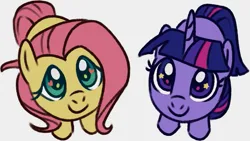 Size: 733x412 | Tagged: safe, artist:flightless-fox, edit, fluttershy, twilight sparkle, pegasus, pony, unicorn, cropped, cute, duo, female, image, looking at you, looking up, mare, png, shyabetes, simple background, twiabetes, unicorn twilight, watermark removal, white background