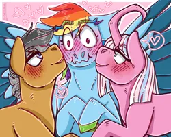 Size: 2500x2000 | Tagged: safe, artist:ruusukultakruunu, derpibooru import, clear sky, quibble pants, rainbow dash, pegasus, pony, unicorn, g4, bisexual, bisexual female, blush lines, blushing, blushing profusely, curved horn, female, heart, horn, image, kiss on the cheek, kiss sandwich, kissing, male, png, polyamory, ship:cleardashpants, shipping, trio, trio male and female