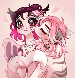 Size: 2077x2160 | Tagged: safe, artist:konejo, derpibooru import, oc, unofficial characters only, bat pony, cat, cat pony, original species, pony, bandage, blushing, choker, colored wings, duo, ear fluff, ear piercing, eyebrow piercing, eyes closed, eyes open, female, fluffy, gritted teeth, heart, image, jpeg, kiss on the cheek, kissing, looking at someone, mare, membranous wings, piercing, pink background, signature, simple background, slit pupils, spread wings, stripes, tail, teeth, two toned mane, two toned wings, wings