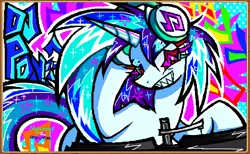 Size: 1110x683 | Tagged: safe, artist:nyooms2heaven, derpibooru import, vinyl scratch, pony, unicorn, g4, animal jam, colorful, disc jockey, headphones, horn, image, music notes, musical instrument, png, record scrape, rule 63, solo, turntable