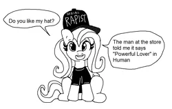 Size: 1205x760 | Tagged: suggestive, artist:tjpones, derpibooru import, fluttershy, pegasus, pony, g4, black and white, clothes, dialogue, female, flutterrape, grayscale, hat, image, implied rape, innocent, looking at you, mare, monochrome, oblivious, open mouth, open smile, png, shirt, simple background, smiling, smiling at you, solo, speech bubble, talking to viewer, white background