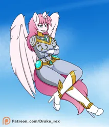 Size: 1700x2000 | Tagged: safe, artist:drake-rex, derpibooru import, oc, unnamed oc, unofficial characters only, alicorn, anthro, alicorn oc, arm under breasts, blue eyes, boob window, boots, breasts, clothes, cloud, commission, crossed arms, day, eyelashes, feathered wings, female, female oc, high heel boots, horn, image, open mouth, pink hair, pink tail, png, shoes, skintight clothes, sky, smiling, solo, tail, unicorn horn, white coat, wings