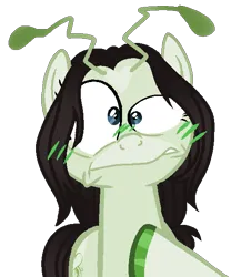 Size: 528x584 | Tagged: safe, artist:lordlyric, derpibooru import, edit, edited screencap, screencap, oc, oc:mantis green, unofficial characters only, alien, earth pony, pony, base, blushing, female, flustered, image, mare, png, scene interpretation, simple background, solo, transparent background