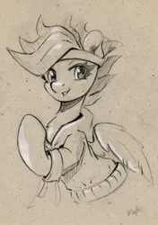Size: 705x1000 | Tagged: safe, artist:maytee, derpibooru import, scootaloo, pegasus, pony, g4, clothes, headband, hoodie, image, jpeg, monochrome, sketch, solo, traditional art