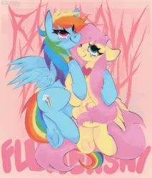 Size: 1362x1600 | Tagged: safe, artist:shieshuqqq, derpibooru import, fluttershy, rainbow dash, pegasus, pony, g4, duo, duo female, element of kindness, element of loyalty, female, flutterdash, hug, image, lesbian, mare, png, shipping, smiling, text, underhoof