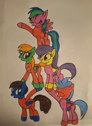 Size: 2695x3708 | Tagged: safe, artist:tisalie, derpibooru import, oc, oc:jupiter action, oc:misty sunflower, oc:rufus strong, oc:speedy juggler, oc:star lily, unofficial characters only, pegasus, pony, acrobat, acrobatics, clothes, commission, deviantart commission, female, female oc, group, image, jpeg, male, male oc, mare, mare oc, pegasus oc, pegasus only, pencil drawing, pony oc, pony pile, quintet, request, requested art, simple background, stallion, stallion oc, tower, tower of pony, traditional art, white background, wings