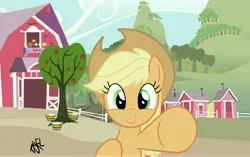 Size: 7458x4671 | Tagged: safe, artist:applejackfl, derpibooru import, applejack, g4, apple, apple tree, fence, food, image, jpeg, solo, sweet apple acres, sweet apple acres barn, tree