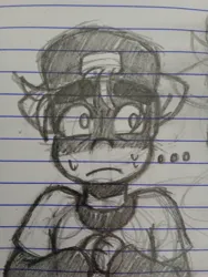 Size: 3072x4080 | Tagged: safe, artist:mindset, derpibooru import, sprout cloverleaf, anthro, earth pony, g5, ..., cap, frown, hat, image, jpeg, lined paper, pencil drawing, photo, solo, sweat, sweatdrops, teenager, traditional art, worried