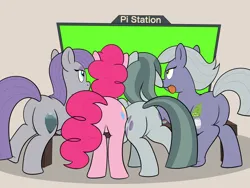 Size: 3000x2250 | Tagged: safe, artist:rupert, derpibooru import, limestone pie, marble pie, maud pie, pinkie pie, earth pony, pony, g4, 2025, balloonbutt, boulder buns, butt, butt to butt, butt touch, featureless crotch, female, gaming, green screen, image, limestonebutt, marblebutt, missing accessory, pi day, pie sisters, plot, png, siblings, sisters, television, tongue out, video game