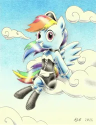 Size: 2982x3887 | Tagged: safe, artist:europeandragon, derpibooru import, rainbow dash, pegasus, pony, g4, clothes, cloud, female, fishnet clothing, fishnets, grin, human shoulders, image, jpeg, looking at you, maid, mare, on a cloud, rainbow maid, sitting, sitting on cloud, smiling, socks, solo, spread wings, stockings, thigh highs, traditional art, wings