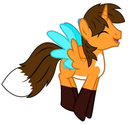 Size: 830x800 | Tagged: safe, artist:rogan140, derpibooru import, oc, oc:ej, unofficial characters only, alicorn, g4, alicorn oc, eyes closed, fox tail, happy, horn, image, male, png, simple background, solo, tail, transparent background, wings