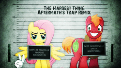 Size: 1280x720 | Tagged: safe, artist:aftermathmakesmusic, artist:joaftheloaf, derpibooru import, angel bunny, big macintosh, fluttershy, earth pony, pegasus, pony, rabbit, g4, 2014, animal, animated, brony music, duet, female, fluttermac, fluttershy is not amused, frown, grin, image, male, mare, mugshot, music, nervous, nervous grin, remix, shipping, smiling, sound, sound only, stallion, straight, text, trio, unamused, webm