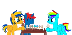 Size: 2930x1440 | Tagged: safe, artist:johnnybro288, derpibooru import, oc, oc:button rush, oc:flare spark, oc:train track, pegasus, unicorn, g4, female, food, horn, ice cream, image, male, png, simple background, transparent background