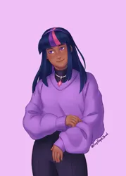 Size: 1000x1400 | Tagged: safe, artist:tinypurplebrush, derpibooru import, twilight sparkle, human, g4, blushing, clothes, cute, dark skin, female, hairband, humanized, image, jewelry, necklace, png, purple mane, shirt, solo, sweater, twiabetes