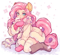 Size: 800x747 | Tagged: safe, artist:cabbage-arts, derpibooru import, fluttershy, anthro, g4, blushing, boots, breath, clothes, female, grin, image, jpeg, kneeling, mittens, scarf, shoes, smiling, snow, snowfall, snowflake, socks, solo, stockings, thigh highs, winter outfit, zettai ryouiki