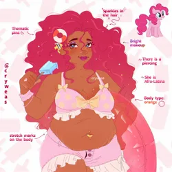 Size: 2048x2048 | Tagged: safe, artist:cryweas, derpibooru import, pinkie pie, earth pony, human, pony, g4, alternate hairstyle, belly, belly button, belly piercing, breasts, chubby, clothes, cute, dark skin, diapinkes, ear piercing, earring, eyeshadow, female, floaty, food, grin, headcanon, humanized, ice cream, image, jewelry, jpeg, lipstick, makeup, mare, nose piercing, piercing, pool toy, popsicle, reference sheet, ring, smiling, solo, summer, swimsuit, trunks