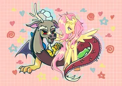 Size: 2283x1614 | Tagged: safe, artist:anaisik, derpibooru import, discord, fluttershy, alicorn, draconequus, pony, g4, abstract background, alicornified, duo, element of kindness, female, fluttercorn, hoof shoes, image, jewelry, looking at someone, looking at you, male, mare, png, race swap, spread wings, wings, wreath