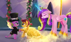 Size: 3286x1930 | Tagged: safe, artist:darksly, derpibooru import, princess cadance, scootaloo, spike, alicorn, dragon, pegasus, pony, a canterlot wedding, g4, belle, blushing, bowtie, canterlot, clothes, cute, daaaaaaaaaaaw, dress, female, flower girl, flower girl dress, folded wings, glow, glowing hooves, glowing horn, hat, holding hooves, horn, image, jpeg, looking at each other, looking at someone, magic, magic aura, male, my little pony, outdoors, princess of love, romantic, scootaspike, shipping, smiling, smiling at each other, story included, straight, tomboys with a girly streak, top hat, trio, tuxedo, winged spike, wings