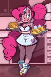 Size: 2000x3000 | Tagged: suggestive, artist:yellowcyann, derpibooru import, pinkie pie, anthro, earth pony, plantigrade anthro, pony, g4, apron, big breasts, breasts, busty pinkie pie, cleavage, clothes, female, food, high res, image, licking, licking lips, mare, naked apron, one eye closed, pancakes, partial nudity, png, ponytail, roller skates, skates, solo, solo female, tongue out, wide hips