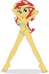 Size: 2435x3645 | Tagged: suggestive, sunset shimmer, equestria girls, arm behind head, barefoot, belly button, bikini, bikini babe, clothes, feet, image, looking at you, png, simple background, solo, sultry pose, swimsuit, transparent background