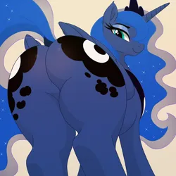 Size: 2000x2000 | Tagged: suggestive, artist:tunter, derpibooru import, princess luna, alicorn, pony, g4, bedroom eyes, butt, butt focus, crown, dock, ethereal mane, female, image, jewelry, looking at you, looking back, mare, moonbutt, png, regalia, smiling, solo, starry mane, starry tail, tail, the ass was fat