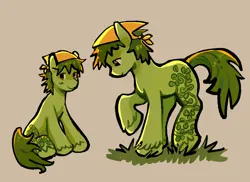 Size: 2048x1494 | Tagged: safe, artist:renolunio, derpibooru import, oc, unofficial characters only, earth pony, pony, backlighting, blush scribble, blushing, brown eyes, closed mouth, clothes, earth pony oc, extended cutie mark, full body, grass, green coat, green mane, green tail, headscarf, image, looking at you, looking down, multiple views, no pupils, png, ponysona, scarf, short mane, side view, simple background, sitting, smiling, smiling at you, solo, tail, tan background, unshorn fetlocks, walking