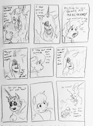 Size: 1515x2048 | Tagged: safe, artist:pony quarantine, derpibooru import, oc, unofficial characters only, alicorn, earth pony, pony, cloak, clothes, comic, comic strip, dialogue, duo, duo male and female, female, grayscale, hooded cape, image, jpeg, male, mare, monochrome, open mouth, pencil drawing, stallion, summoning, traditional art