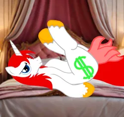 Size: 1290x1216 | Tagged: suggestive, artist:kingofmlp, artist:liamkeel, ponerpics import, oc, oc:lmoney, oc:prince little money, bed, buddy the member, creator:kingofmlp, creator:liamkeel, image, jpeg, l money, l. money, laying on bed, money family, money family red hair, money family red mane, on back, on bed, prince little money, prince little sun money i., solo, 👑🦄♥️🤍💄🦑