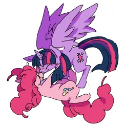 Size: 989x1005 | Tagged: safe, artist:rubyjakewillton, derpibooru import, pinkie pie, twilight sparkle, twilight sparkle (alicorn), alicorn, earth pony, pony, g4, ^^, blush lines, blushing, boop, closed mouth, doodle, duo, duo female, eyes closed, feathered wings, female, flying, full body, grin, horn, hug, image, lesbian, mare, motion lines, nose blush, noseboop, pixel-crisp art, png, shipping, simple background, smiling, three quarter view, twinkie, white background, wings