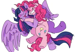 Size: 1459x1018 | Tagged: safe, artist:rubyjakewillton, derpibooru import, pinkie pie, twilight sparkle, twilight sparkle (alicorn), alicorn, earth pony, pony, g4, ^^, blushing, cheek squish, doodle, duo, duo female, eyes closed, feathered wings, female, flying, full body, grin, happy, horn, hug, image, lesbian, mare, open mouth, open smile, pixel-crisp art, png, shipping, simple background, smiling, squishy cheeks, twinkie, underhoof, white background, wings
