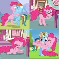 Size: 1000x1000 | Tagged: safe, derpibooru import, screencap, pinkie pie, rainbow dash, earth pony, pegasus, pony, g4, wonderbolts academy, bipedal, clothes, duo, female, holding a pony, hug, image, jpeg, mailbox, messy mane, my little pony, uniform, wonderbolts dress uniform