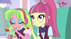 Size: 1899x1057 | Tagged: safe, derpibooru import, screencap, lemon zest, sour sweet, equestria girls, g4, clothes, crystal prep academy uniform, drink, drinking, drinking straw, equestria girls specials, eyes closed, image, looking up, milkshake, my little pony equestria girls: dance magic, png, school uniform, teletoon
