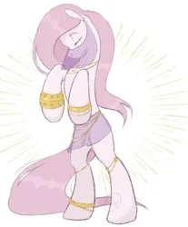Size: 1059x1280 | Tagged: safe, artist:weasel_mink, derpibooru import, oc, unofficial characters only, earth pony, pony, arabic, beam, bipedal, bowed head, bracelet, clothes, eyes closed, female, gold rings, hair, hoofbump, image, jewelry, jpeg, long mane, long tail, mare, missing cutie mark, pink mane, raised hoof, raised hooves, ring, see-through, simple background, skirt, soft color, solo, solo female, tail