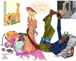 Size: 2048x1666 | Tagged: safe, artist:eversowillow, derpibooru import, discord, fluttershy, pinkie pie, earth pony, human, g4, bathrobe, beard, book, can, clothes, cookie, dark skin, discoshy, facial hair, feet, feet up, female, food, foot focus, holding a book, horn, horned humanization, human female, humanized, image, jpeg, lamp, legs in air, long hair, long sleeved shirt, lying down, male, mouth hold, mug, pajamas, pants, pillow, reading, reference used, relaxing, robe, shipping, signature, simple background, slippers, snacks, straight, tail wrap, tailed humanization, tanktop, white background, yellow skin