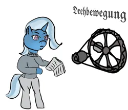 Size: 1833x1573 | Tagged: safe, artist:ybase, derpibooru import, trixie, pony, unicorn, g4, book, clothes, diary, female, horn, image, mare, mechanic, philosophy, png, simple background, solo, standing, watch, wheel, white background, writing