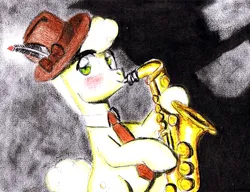 Size: 650x500 | Tagged: safe, artist:mod wit, derpibooru import, oc, oc:bananas wit, 1930s, 30s, askbananaswit, clothes, feather, fedora, hat, image, jazz, musical instrument, musician, necktie, png, saxophone, shadow, traditional art