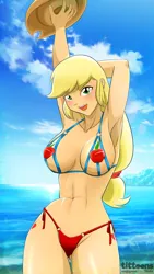 Size: 1080x1920 | Tagged: suggestive, alternate version, artist:tittoons, applejack, human, abs, applejack's hat, armpits, beach, bikini, breasts, busty applejack, cleavage, clothes, cowboy hat, cutie mark on human, female, hat, humanized, image, looking at you, micro bikini, outdoors, png, red bikini, smiling, solo, solo female, swimsuit, wallpaper