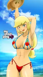 Size: 1080x1920 | Tagged: suggestive, alternate version, artist:tittoons, applejack, human, abs, applejack's hat, armpits, beach, bikini, breasts, busty applejack, cleavage, clothes, cowboy hat, cutie mark on human, female, hat, humanized, image, looking at you, micro bikini, outdoors, png, red bikini, smiling, solo, solo female, swimsuit, wallpaper