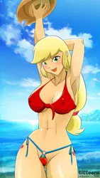 Size: 1080x1920 | Tagged: suggestive, alternate version, artist:tittoons, applejack, human, abs, applejack's hat, armpits, beach, bikini, breasts, busty applejack, cleavage, clothes, cowboy hat, cutie mark on human, female, hat, humanized, image, looking at you, micro bikini, outdoors, png, red bikini, smiling, solo, solo female, swimsuit, wallpaper