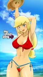 Size: 1080x1920 | Tagged: suggestive, alternate version, artist:tittoons, applejack, human, abs, applejack's hat, armpits, beach, bikini, breasts, busty applejack, cleavage, clothes, cowboy hat, cutie mark on human, female, hat, humanized, image, looking at you, micro bikini, outdoors, png, red bikini, smiling, solo, solo female, swimsuit, wallpaper