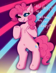 Size: 782x1022 | Tagged: safe, artist:kittydog, derpibooru import, pinkie pie, earth pony, pony, semi-anthro, g4, english, female, image, jpeg, mare, one eye closed, smiling, solo, standing on two hooves, talking, text