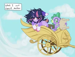 Size: 1863x1434 | Tagged: safe, artist:rottenisles, derpibooru import, spike, twilight sparkle, oc, oc:twilight velvet, dragon, pony, unicorn, g4, alternate design, alternate hairstyle, alternate universe, au:cantergale, blue sky, blush lines, blushing, chariot, closed mouth, cloud, colored eyebrows, colored hooves, day, duo, duo male and female, ear piercing, fangs, female, floppy ears, frown, furrowed brow, glasses, hairclip, holding, hooves, horn, image, looking away, male, mare, outdoors, piercing, pink hooves, png, redesign, round glasses, sad, scroll, shiny hooves, short mane, sky, slit pupils, smiling, tail accessory, three quarter view, two toned coat, unicorn twilight, wind, windswept mane, wingless spike, word bubble