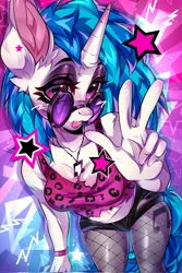 Size: 1365x2048 | Tagged: suggestive, artist:v4mpy_kitt3n, derpibooru import, vinyl scratch, anthro, unicorn, g4, abstract background, breasts, cleavage, clothes, exposed belly, female, fishnet clothing, fishnets, horn, image, jewelry, jpeg, necklace, peace sign, socks, solo, stockings, thigh highs, vinyl's glasses